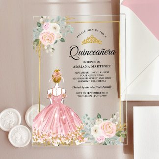 Rosa Blumenkleid Princess Gold Quinceanera Acryleinladungen