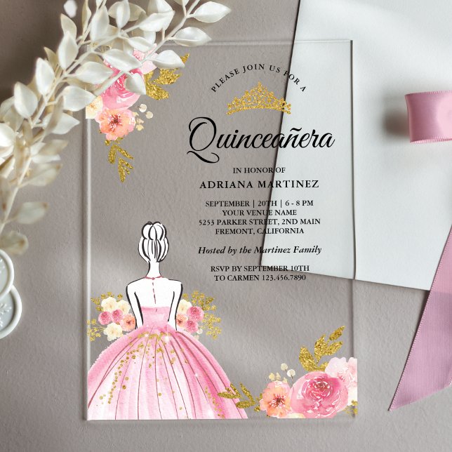 Rosa Blumenkleid Princess Gold Quinceanera Acryleinladungen (Von Creator hochgeladen)