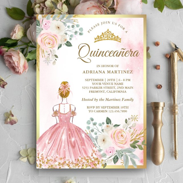 Rosa Blumenkleid Princess Gold Quinceanera Einladung (Von Creator hochgeladen)