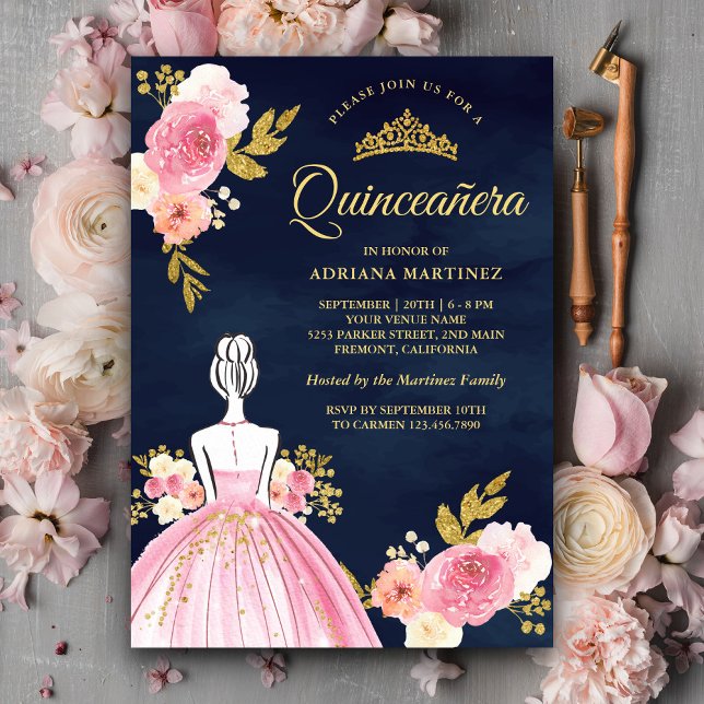 Rosa Blumenkleid Princess Navy Blue Quinceanera Einladung (Von Creator hochgeladen)