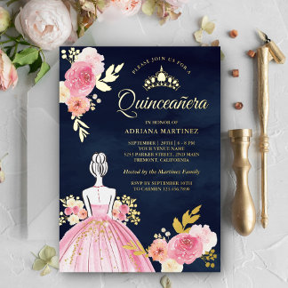 Rosa Blumenkleid Princess Navy Quinceanera Gold Folieneinladung
