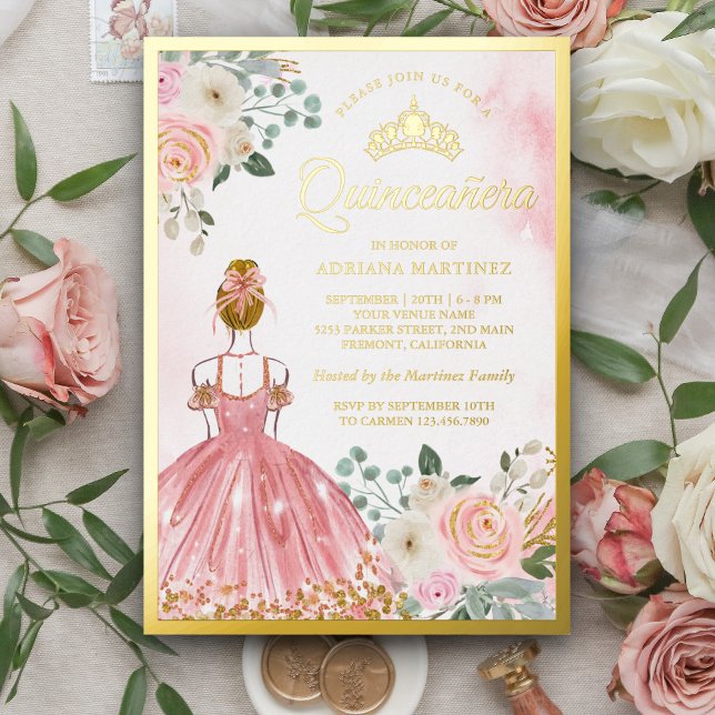 Rosa Blumenkleid Princess Quinceanera Gold Folieneinladung (Von Creator hochgeladen)