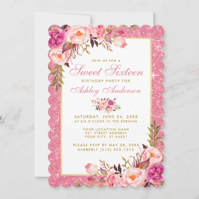 Rosa Blumenkohl Glitzer Sweet 16 Birthday Invite S Einladung (Vorderseite)