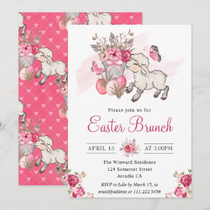 Rosa Blumenkorb und süßes Lamm Osterbrunch Einladung