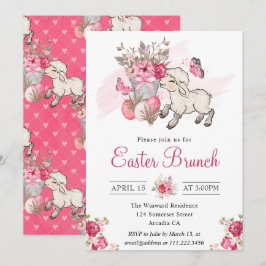 Rosa Blumenkörbe und Niedlicher Lammbrunch Einladung