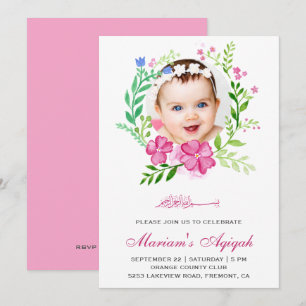 Rosa Blumenkranz Foto Baby Mädchen Aqiqah Einladung