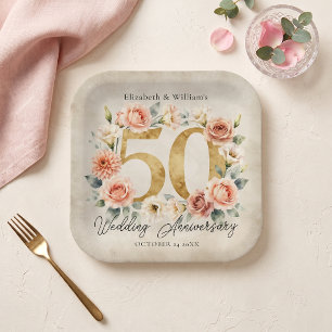 Rosa Blumenkranz Goldene 50. Hochzeitstag Pappteller