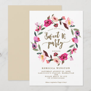 Rosa Blumenkraut süß 16 Party laden Einladung