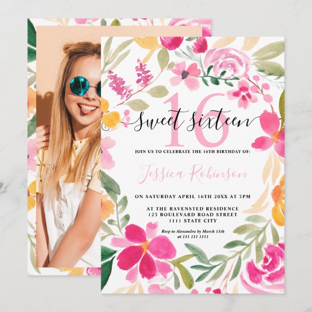 Rosa Blumenkrautschrift Sweet 16 Einladung (Vorne/Hinten)