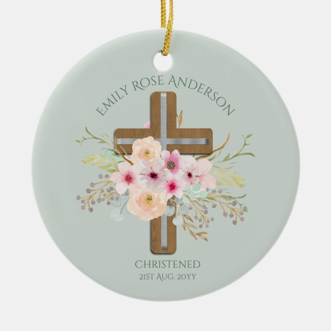 Rosa Blumenkreuz Bouquet Girl Taufe Keramik Ornament (Vorne)