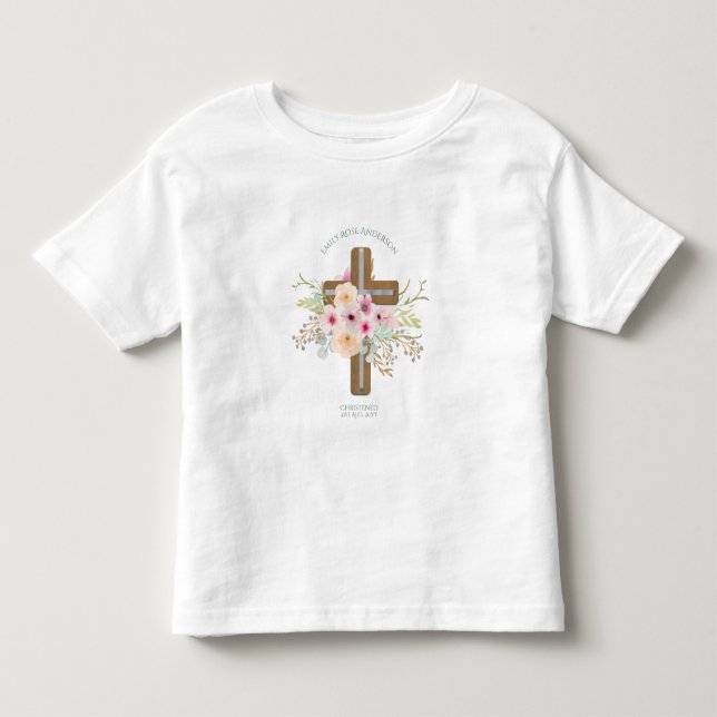 Rosa Blumenkreuz Bouquet Girl Taufe Kleinkind T-shirt (Vorderseite)