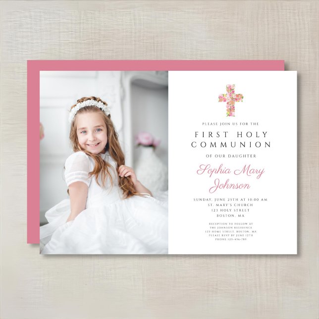 Rosa Blumenkreuz Foto der ersten Kommune Einladung (Pink Floral Cross Girl First Communion Photo Invitation)