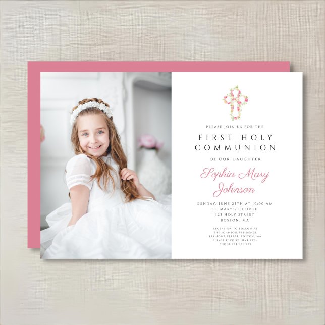 Rosa Blumenkreuz Foto der ersten Kommune Einladung (Pink Floral Cross Girl First Communion Photo Invitation)