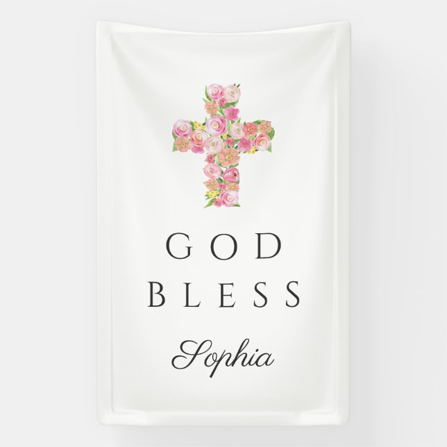Rosa Blumenkreuz Religiöser Gott segne Banner (Vertikal)