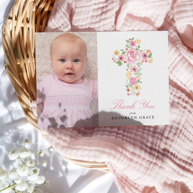 Rosa Blumenkreuz Taufe / Christening Vielen Dank Postkarte (Von Creator hochgeladen)