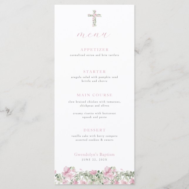 Rosa Blumenkreuz Taufmenü Girl Christening Menükarte (Vorderseite)