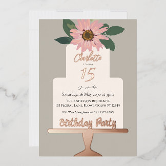 Rosa Blumenkuchen Geburtstagsparty Rose Gold Folieneinladung
