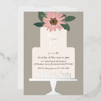 Rosa Blumenkuchen Geburtstagsparty Silber Folieneinladung