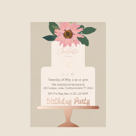 Rosa Blumenkuchen Geburtstagsparty Silber Folieneinladung