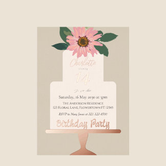 Rosa Blumenkuchen Geburtstagsparty Silber Folieneinladung