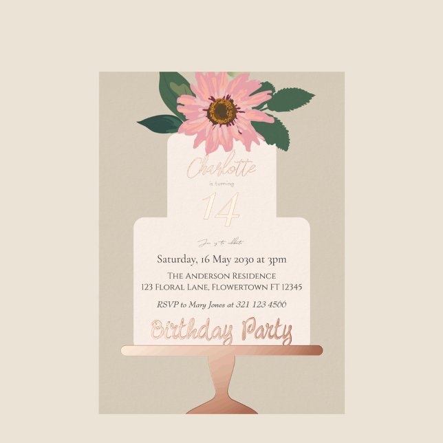 Rosa Blumenkuchen Geburtstagsparty Silber Folieneinladung (Von Creator hochgeladen)