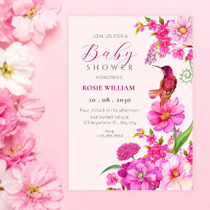 Rosa Blumenkunst Kolibri Babyparty Einladung