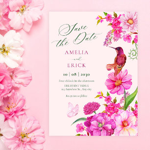 Rosa Blumenkunst Kolibri Hochzeit Save The Date