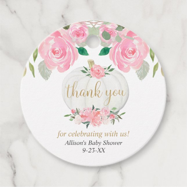 Rosa Blumenkürbis, goldene Babydusche Geschenkanhänger (Vorderseite)