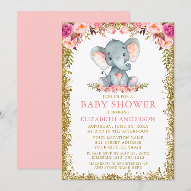 Rosa Blumenlephant Baby Dusche Gold Glitzer Einladung (Vorne/Hinten)