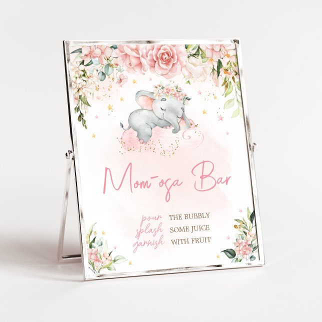 Rosa Blumenlephant Babydusche Mama Osa Bar Poster (Pink Floral Sleeping Elephant Baby Shower Mom Osa Bar Sign)