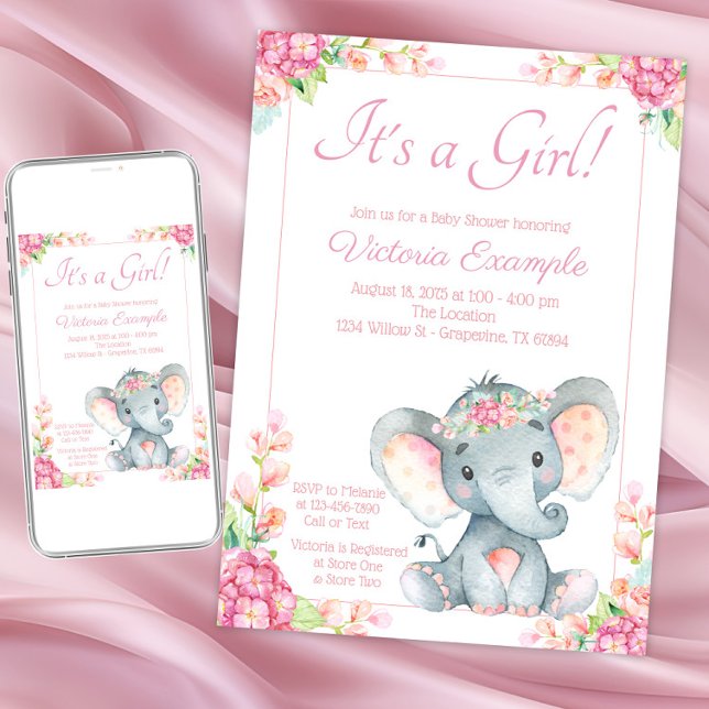 Rosa Blumenmädchen Elephant Babydusche Einladung (Girl elephant baby shower invitation. Instant download and printed invitations available.)