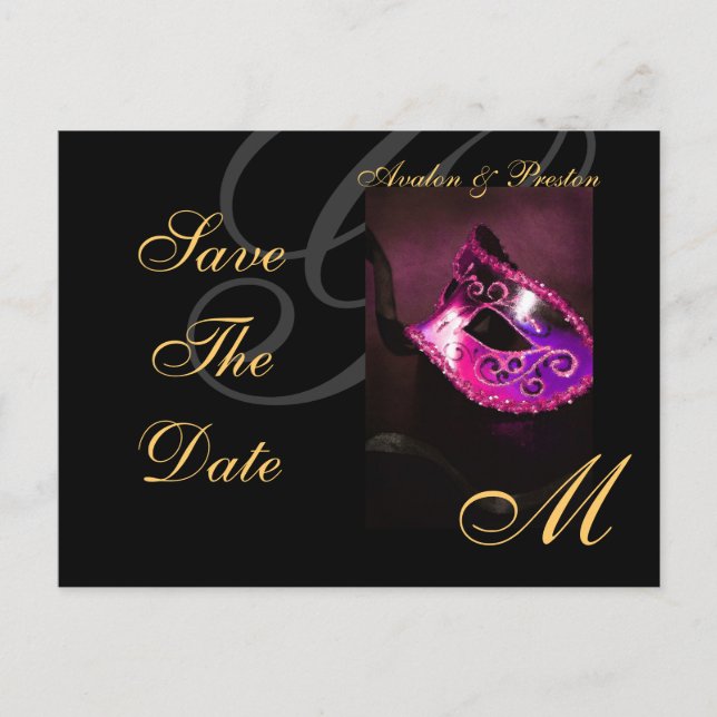 Rosa Blumenmasquerge Save the Date Postkarte (Vorderseite)