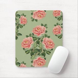 Rosa Blumenmuster auf grünem Hintergrund   Nahtlos Mousepad