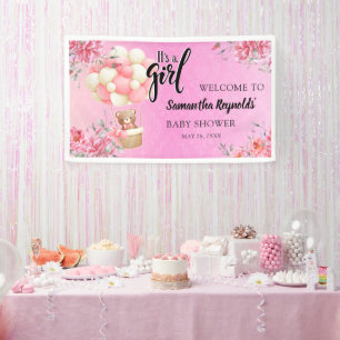 Rosa Blumenmuster - Es ist ein Mädchen - Babyparty Banner