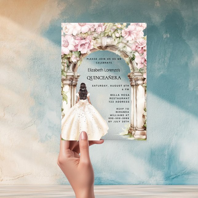 Rosa Blumenmuster Gewand weiß Kleid klar Quinceane Acryleinladungen (Von Creator hochgeladen)