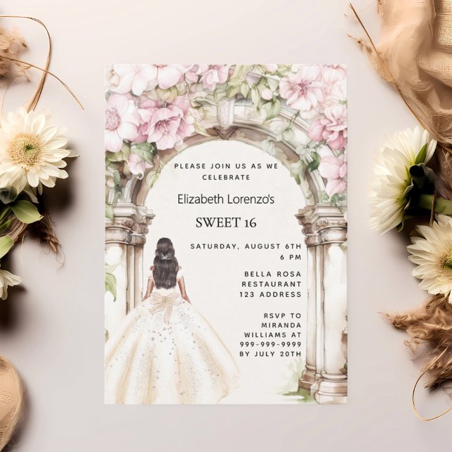 Rosa Blumenmuster Gewand weißes Kleid Sweet 16 Einladung (Von Creator hochgeladen)