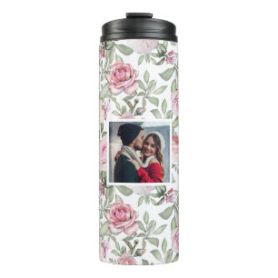 Rosa Blumenmuster mit Foto Thermosbecher