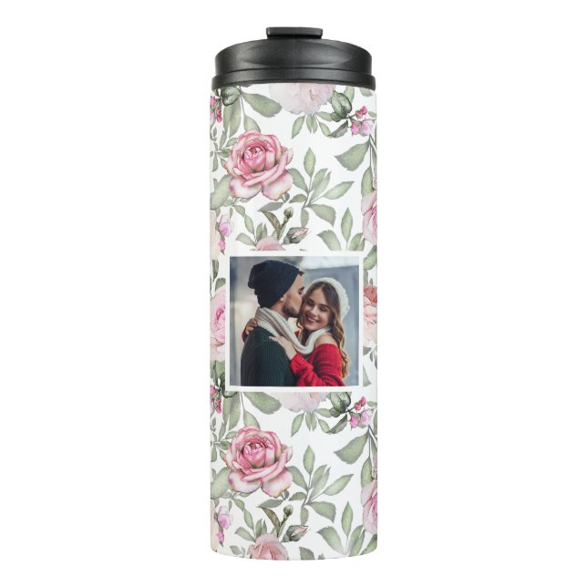 Rosa Blumenmuster mit Foto Thermosbecher (Vorderseite)