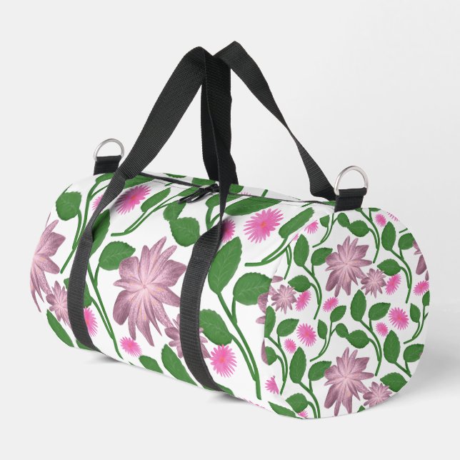 Rosa Blumenmuster mit grünen Blättern Duffle Bag (Linke Seite)