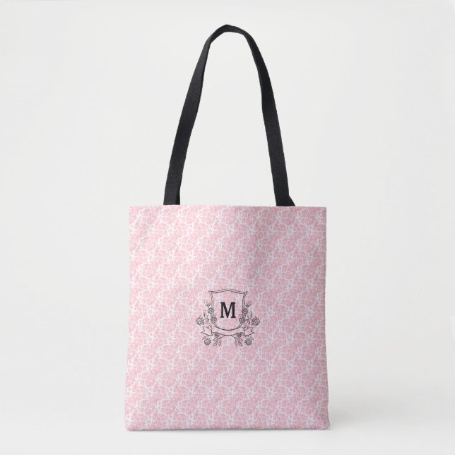 Rosa Blumenmuster Mit Monogramm Rose Tasche (Vorderseite)