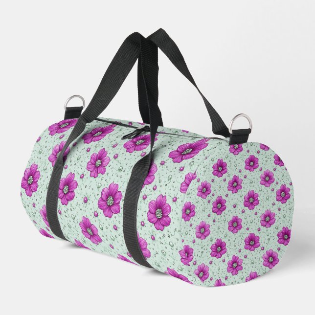 Rosa Blumenmuster mit Tröpfchen Duffle Bag (Linke Seite)