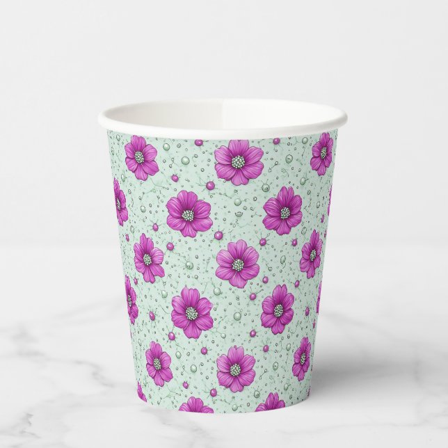 Rosa Blumenmuster mit Tröpfchen Pappbecher (Links)