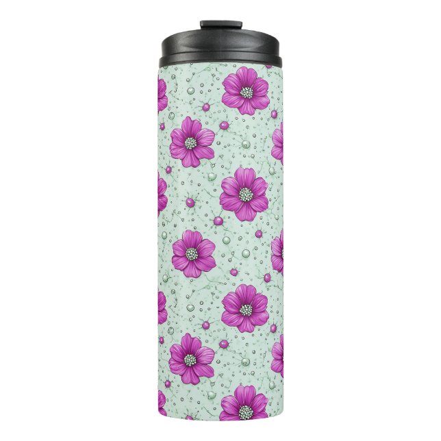 Rosa Blumenmuster mit Tröpfchen Thermosbecher (Vorderseite)