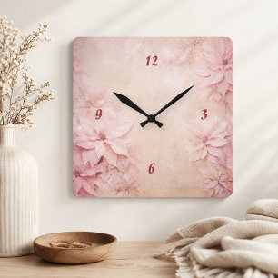 Rosa Blumenmuster Quadratische Wanduhr