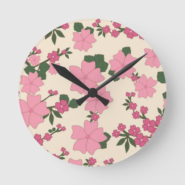 Rosa Blumenmuster Runde Wanduhr (Vorderseite)