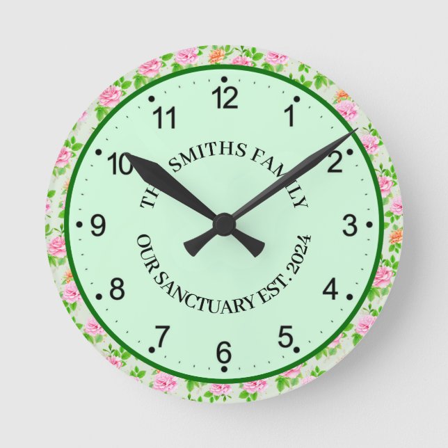 Rosa Blumenmuster Runde Wanduhr (Vorderseite)