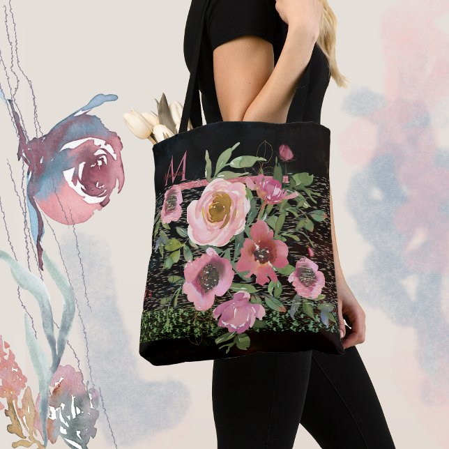 Rosa Blumenmuster Schwarz Tasche (pink floral black tote bag with Monogram)