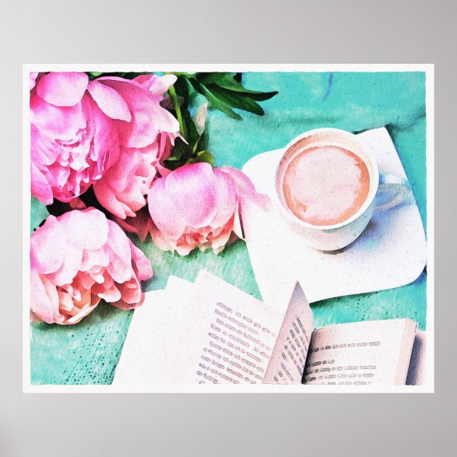 Rosa Blumenpeony Cosy Latte Watercolor Poster (Vorne)