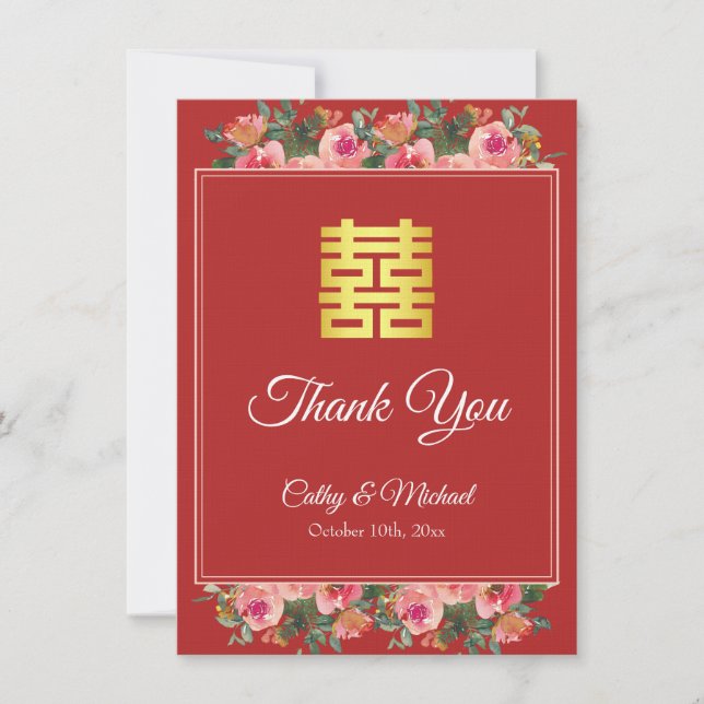 Rosa Blumenpony Rot Moderne chinesische Hochzeit Dankeskarte (Vorderseite)