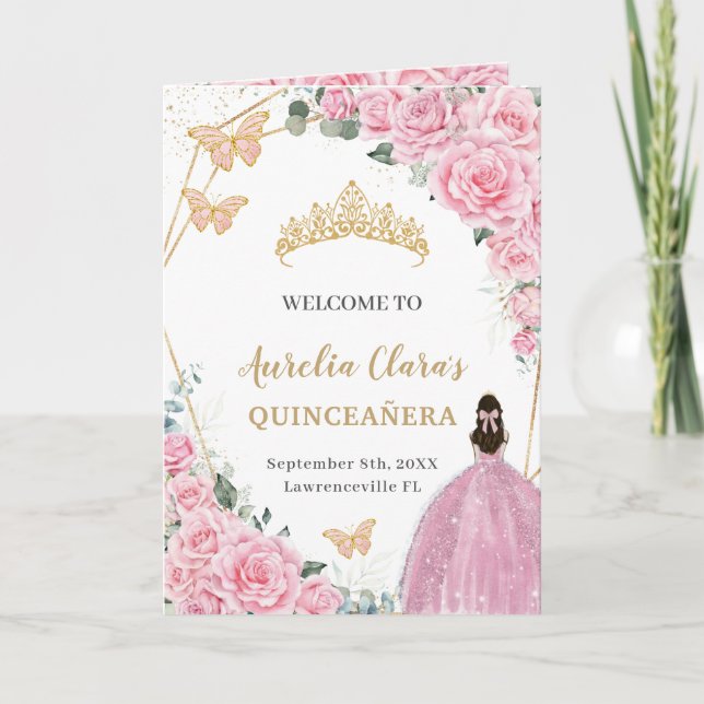 Rosa Blumenprinzessin Quinceñera Orden der Ereigni Programm (Vorderseite)